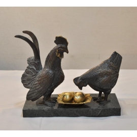 雕塑擺飾 (y15069-1  鬥雞對古銅色(加蛋) 銅雕動物)